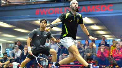 Rösner takes on Eain Yow Ng of Malaysia in the WSF Men's Team Championship