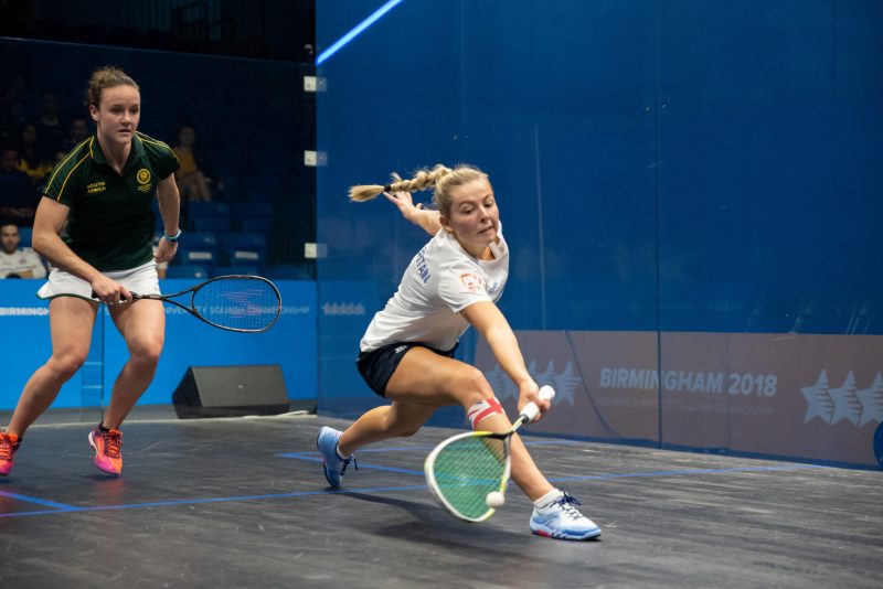 Lily Taylor of Great Britain takes on Alexa Pienaar of South Africa in the 2018 FISU World University Squash final