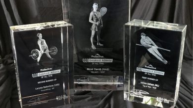 The World Games Greatest Athlete of All Time Trophies - Nicol David's is pictured centre